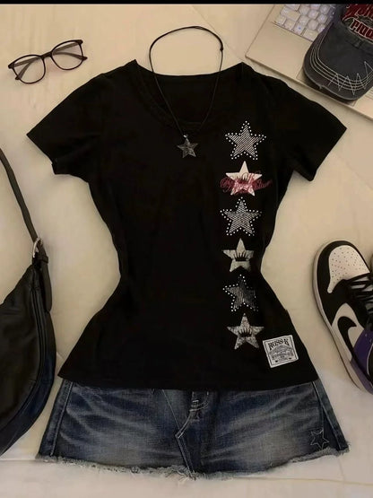 Black American Vintage Print Regular-Shoulder Slim Y2K T-Shirt