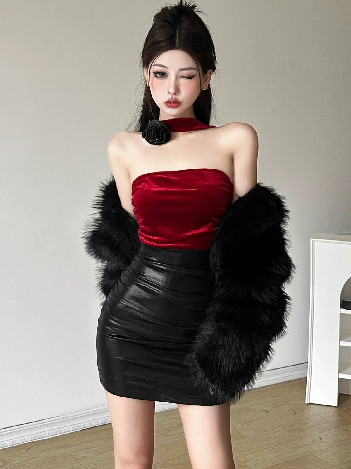 Cold & Chic Boss Lady Color-Block PU Leather Halter Dress With Arm Sleeves