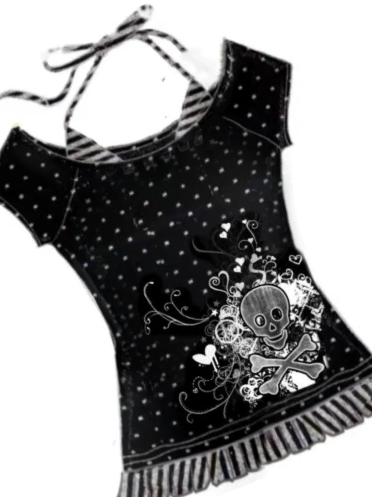 Skull & Flower Fake Two-Piece Subculture Y2K E-girl Shibuya Girl Abi American Retro One-Shoulder Short Sleeve Top