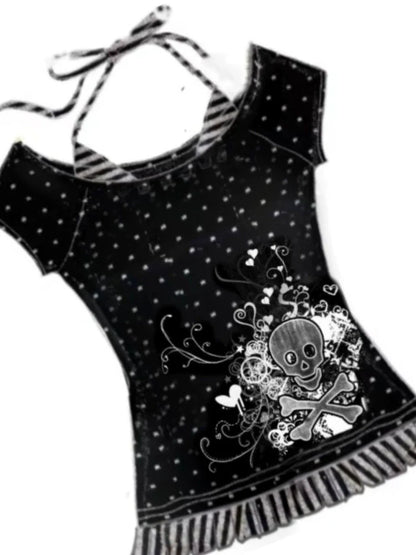 Skull & Flower Fake Two-Piece Subculture Y2K E-girl Shibuya Girl Abi American Retro One-Shoulder Short Sleeve Top