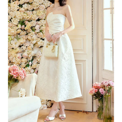 French 3D Jacquard Spaghetti Strap Gown Dress