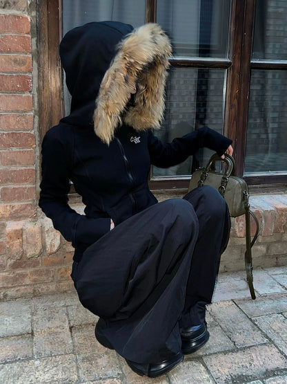 American Fitted Fur Collar Hoodie 2025 Autumn-Winter Zip-Up Crop Outerwear