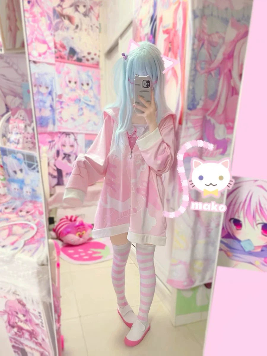 Black White Y2K Anime Injured Cat Print Cat-Ear Naval Collar Fleece Hoodie