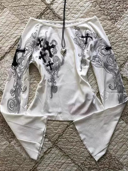 White Off-The-Shoulder Flared Sleeve Print Y2K T-Shirt