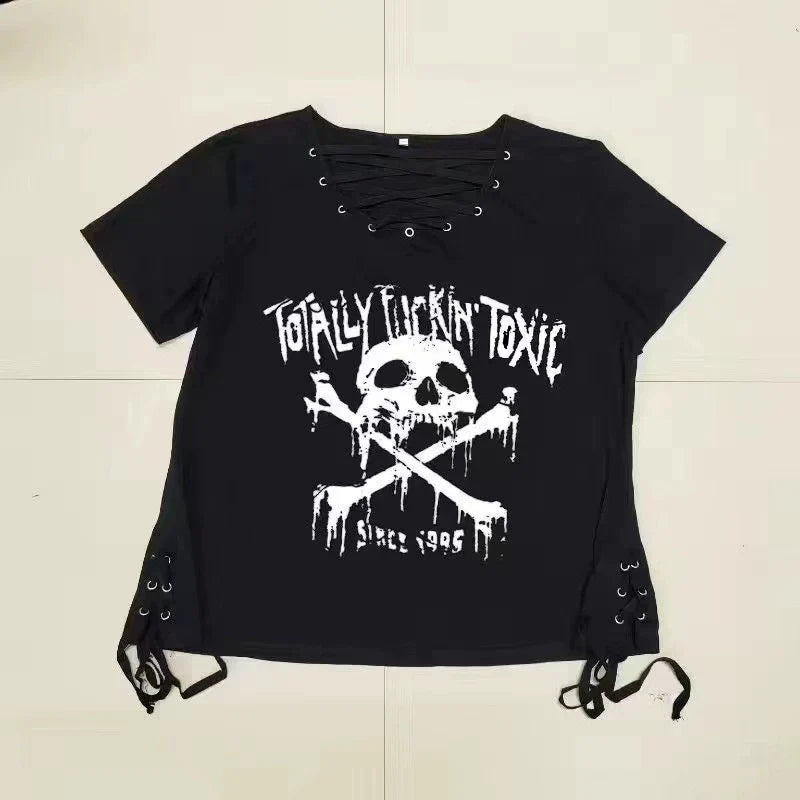 Black 7-Skull Print Tie Detail 100% Cotton Punk Y2K T-Shirt