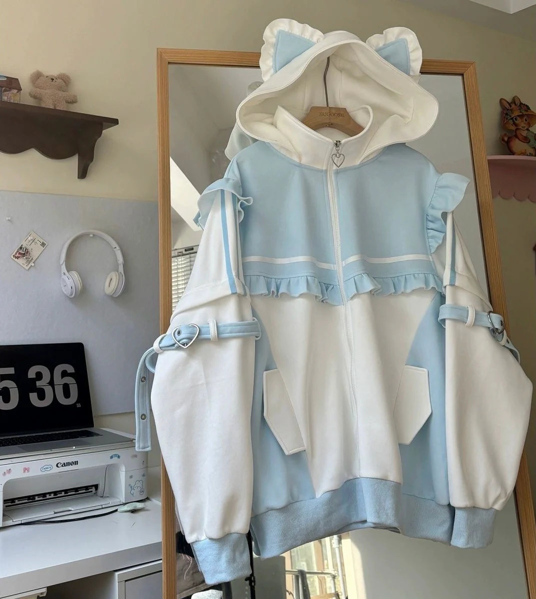 Blue & White Virtual Human Hoodie [Spring-Autumn] Subculture Y2K Anime Cat-Ear Hooded Fleece-Lined Jacket