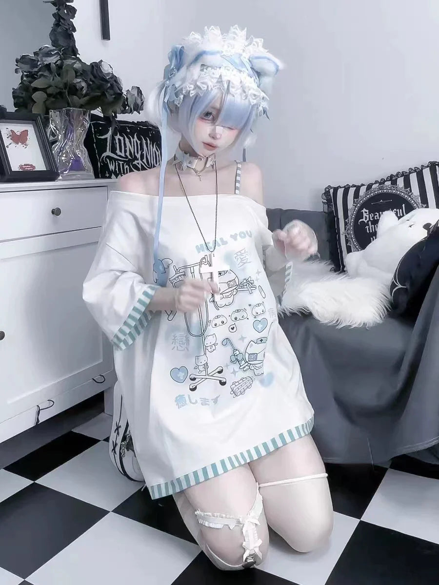 Light Blue (Mizuiro) Subculture Y2K E-girl Nurse Cat Striped Asymmetrical-neck Print Oversized Top