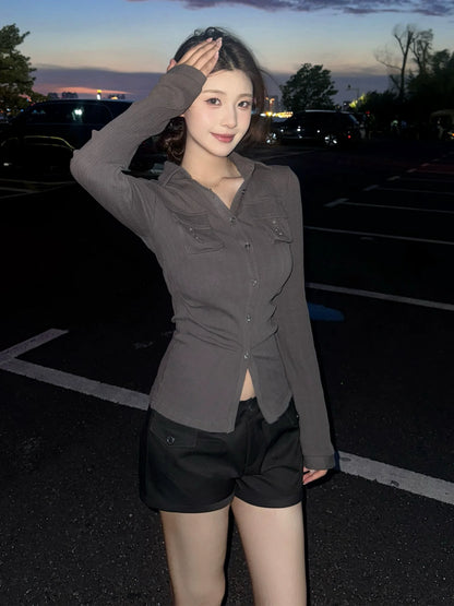 Korean Striped Slim Fit Shirt Early Autumn Stretch Waist Design Long Sleeve Top