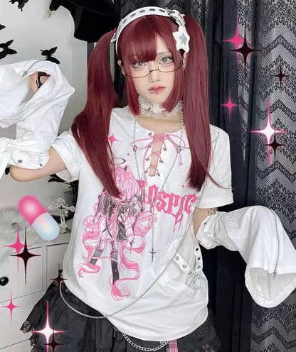 Black (With Chain Arm Sleeves) Subculture Punk Y2K E-girl  Removable Sleeve Fake Two-Piece Tie Top