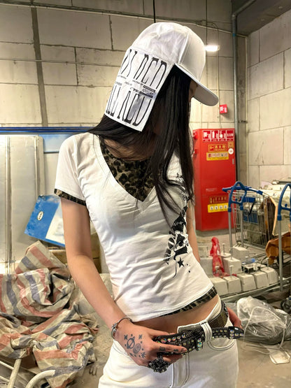 V-Neck Straight Shoulder Tee Leopard Star Patch Y2K Top