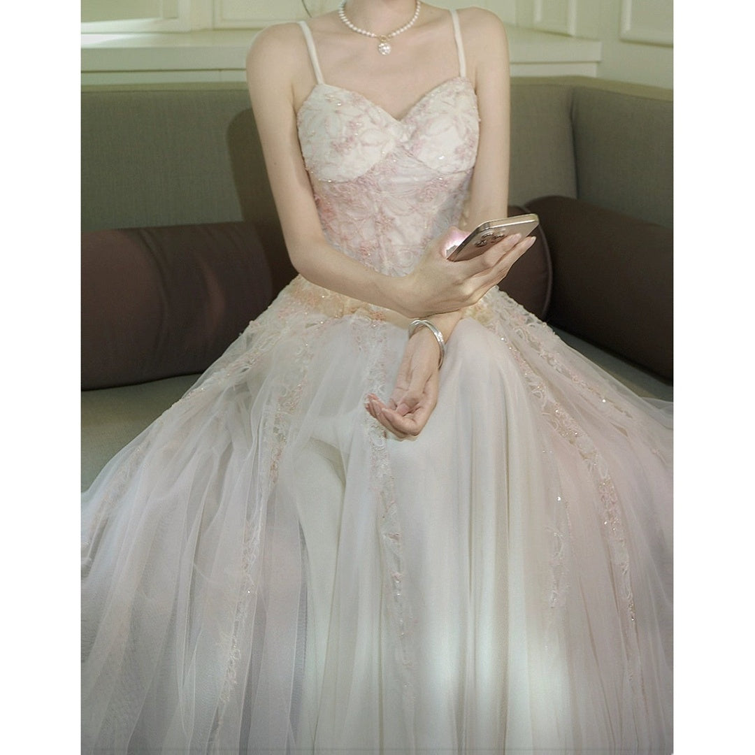 French Pink Chiffon Lace Gown Dress