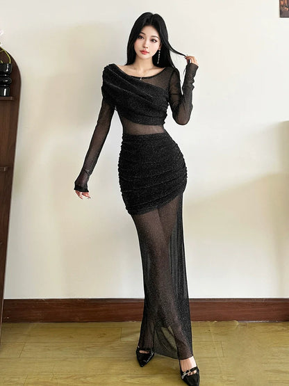 French Luxury Sheer Lustrous Silk Ruched Fat-Hiding Slimming Maxi Dress