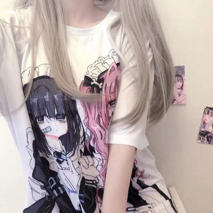 White Japanese Anime E-Sports Girl Print Niche Design Oversized Y2K T-Shirt
