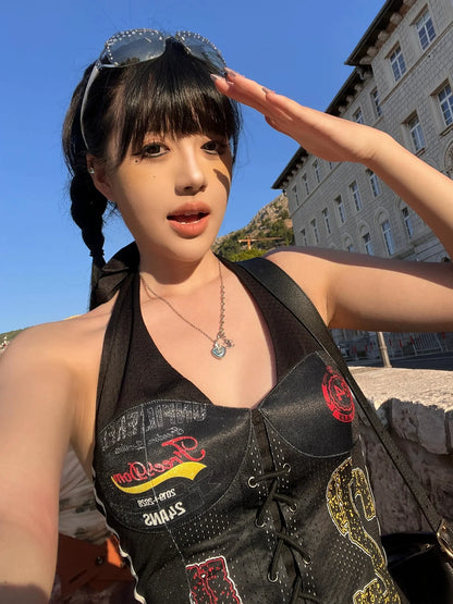 Retro Jersey Halter Crop Tank Asymmetric Hot-Girl Top