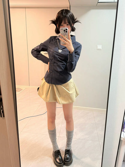 Designer Asymmetrical Collar Plaid Shirt Slim Fit Vintage College Top