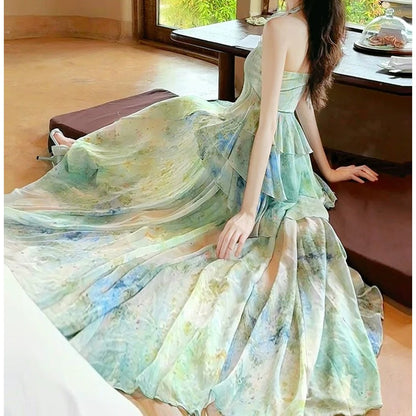 Green Printed Halter Neck Resort Fairy Gown Dress