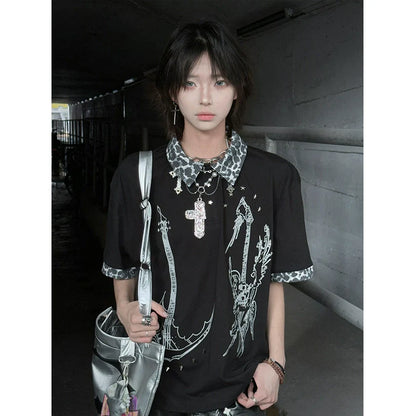 Y2K Black Short Sleeve Polo Tee Leopard Patchwork Summer Loose Fit Visual Kei Top