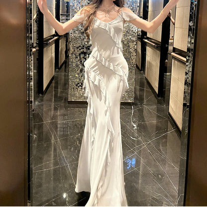 French Blue Ruffle Halter Mermaid Gown Dress