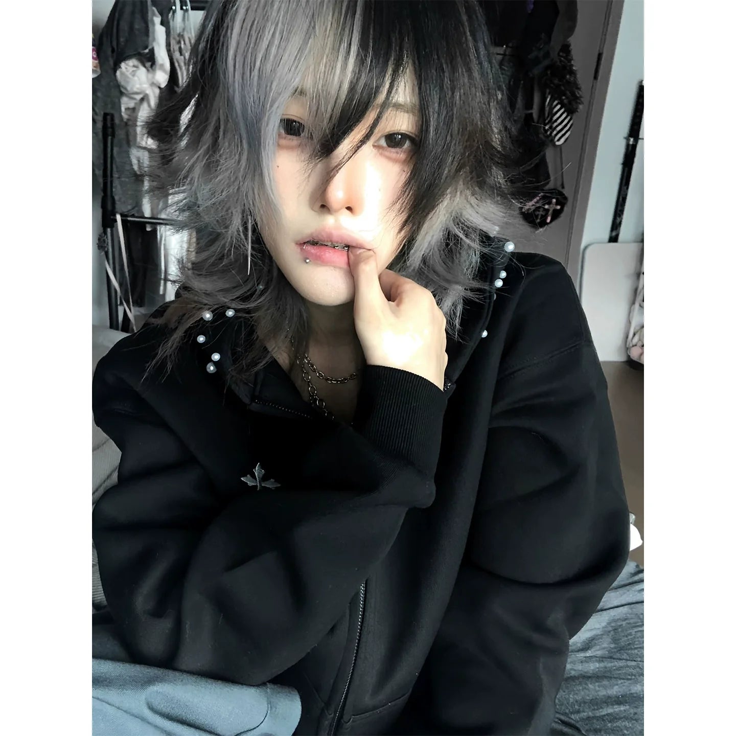 American High Street Black Studded Hoodie Jacket Autumn-Winter Heavy Zip-Up Design Top