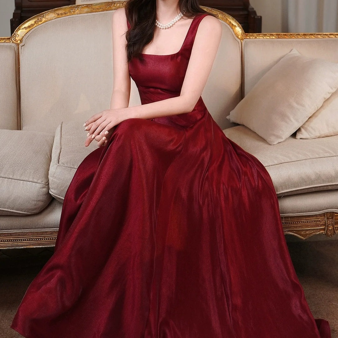 French Red Vintage Waist Full Skirt Gown Dress