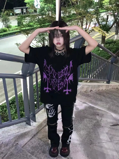 Black Subculture Dark Rock Punk Y2K E-girl Letter Print Niche Oversized Short Sleeve Top