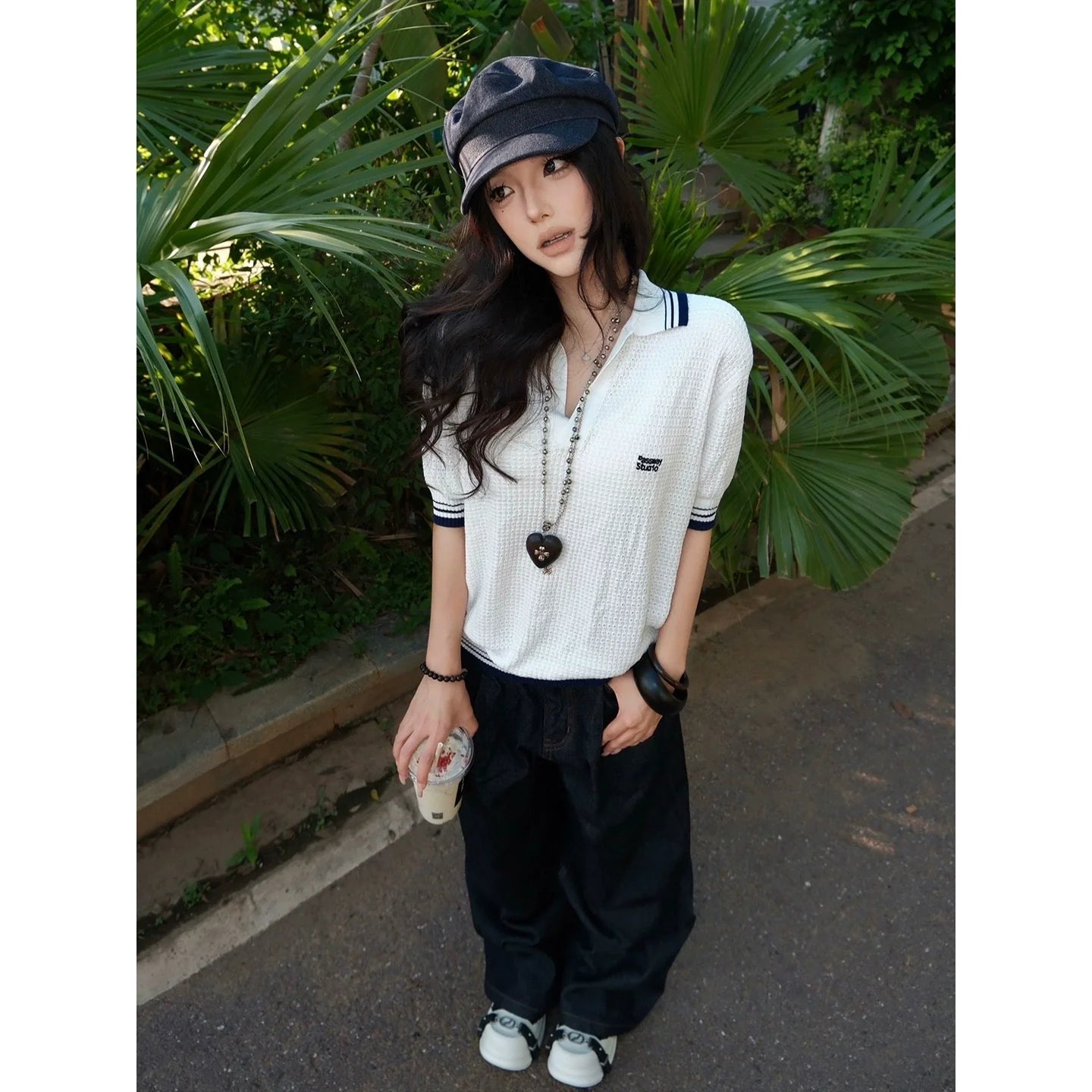 White Cutout V Neck Polo Knit Short Sleeve Top