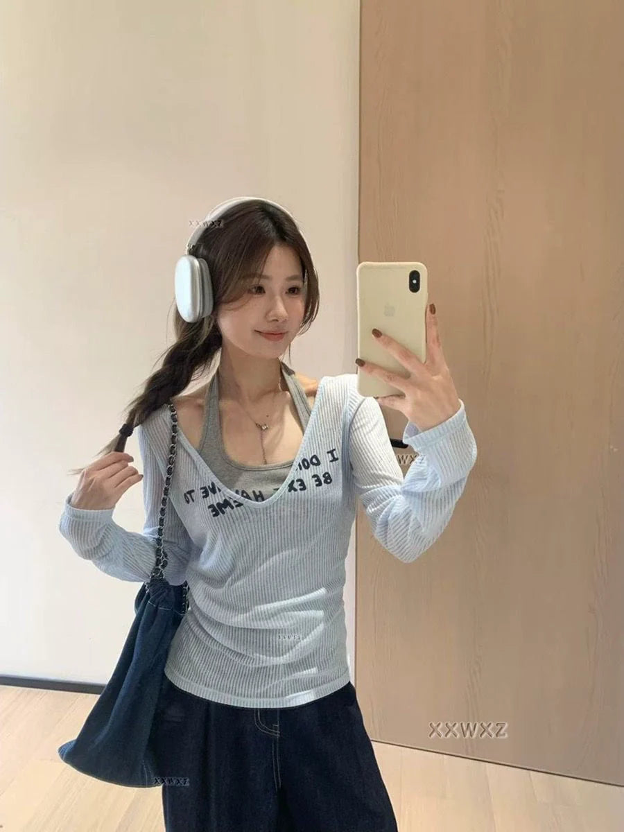 Blue & Gray Two-Piece Set Light Subculture Y2K E-girl American Retro Long Sleeve T-shirt & Printed Camisole Set