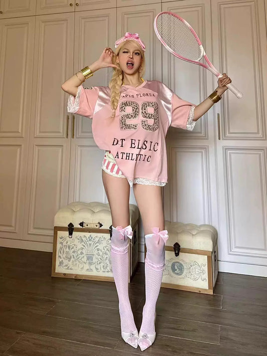 Retro V Neck Sports Jersey Leopard Print Short Sleeve Top