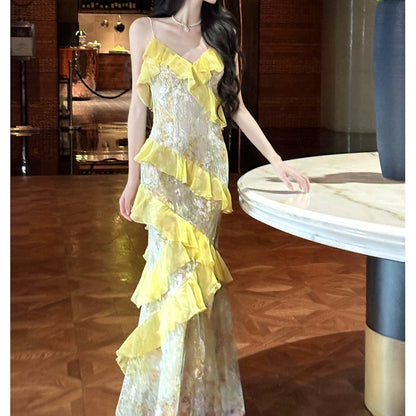 Floral Asymmetrical Ruffle Lace Halter Gown Dress