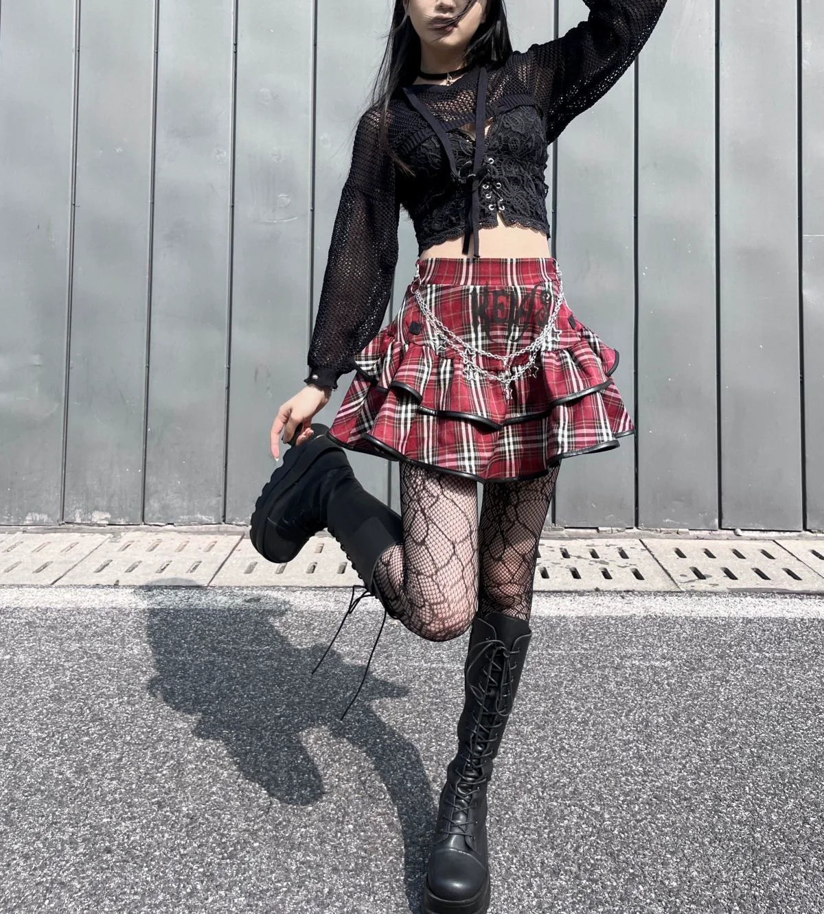 Plaid Cake Skirt [With Chain] Subculture Punk Y2K E-girl Gothic Rock Retro High-Waisted Short Skirt