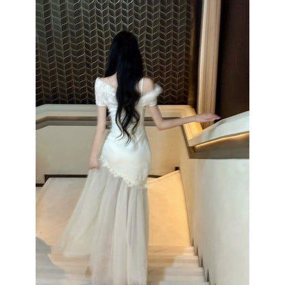 French Lace Tulle One Shoulder Mermaid Gown Dress