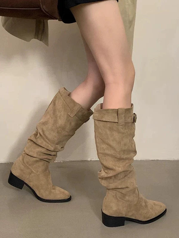 Suede Square Toe Slouchy Womens Boots Fall Winter New Buckle Chunky Heel Knee High Slimming Biker Boots