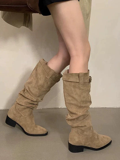 Suede Square Toe Slouchy Womens Boots Fall Winter New Buckle Chunky Heel Knee High Slimming Biker Boots