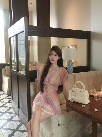 Vibrant Pink V-Neck Ombre Tulle Mini Dress