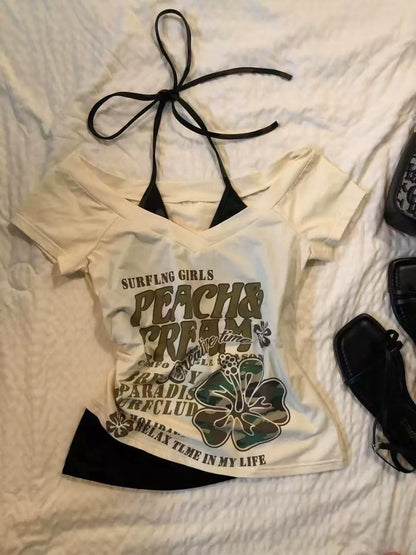 Apricot Subculture Y2K E-girl Abi American Retro V-neck Fake Two-Piece Short Sleeve Top