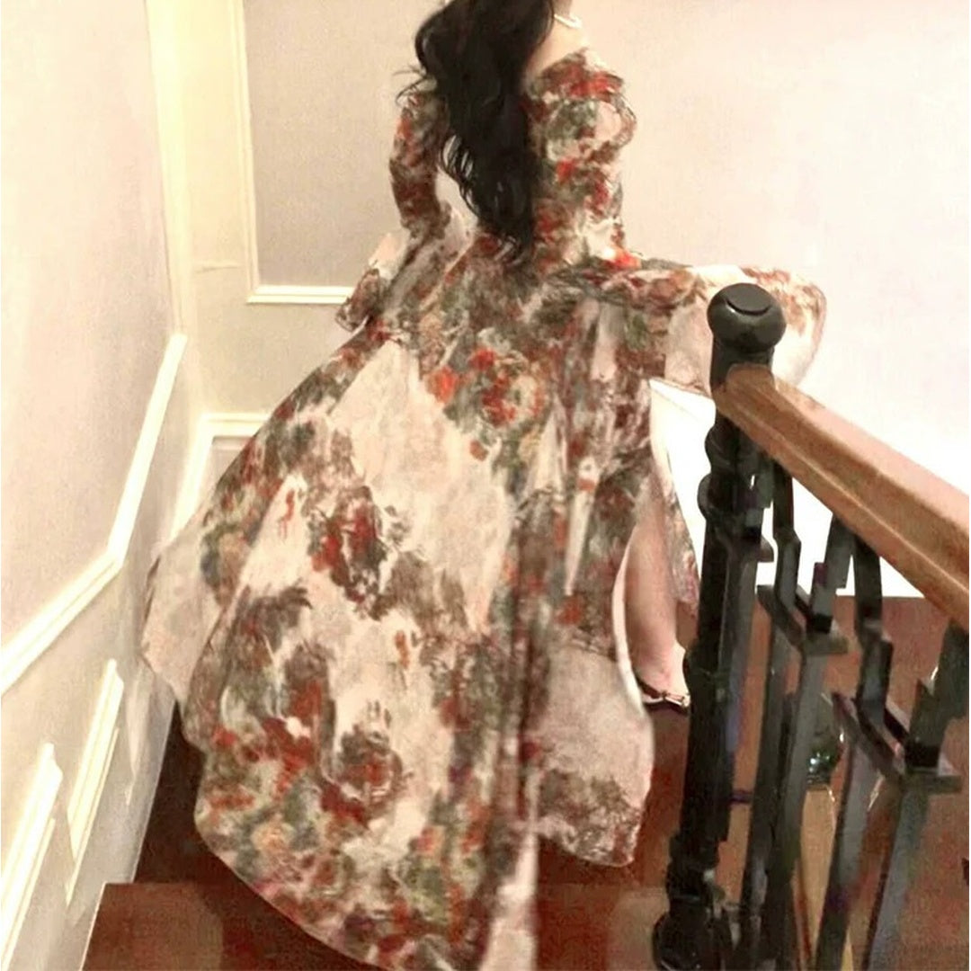 French Vintage Floral Layered Waist Gown Dress