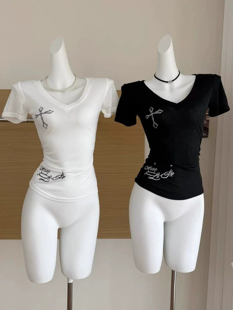Black Subculture Y2K E-girl Abi American Retro Cross & Letter Print Short Sleeve Top