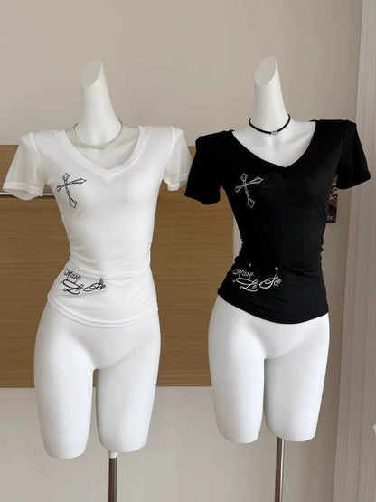 Black Subculture Y2K E-girl Abi American Retro Cross & Letter Print Short Sleeve Top