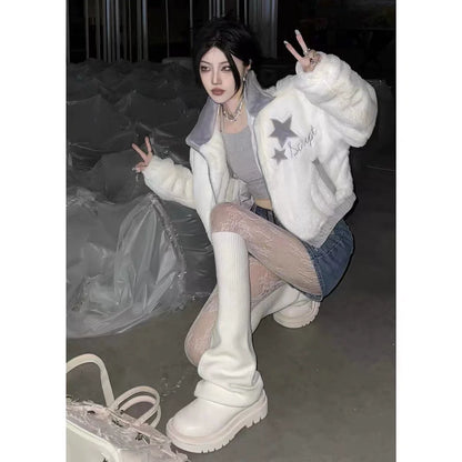 Apricot White Subculture Y2K E-girl Faux Rabbit Fur Stand-Collar Short Jacket (Winter)