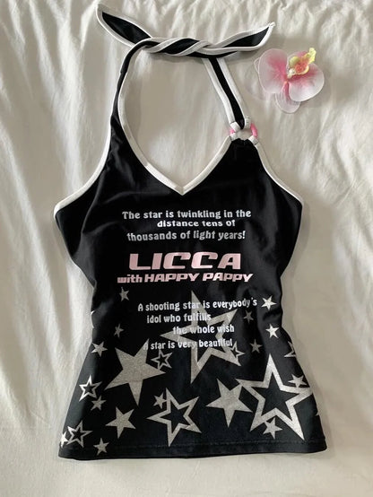 Black American Vintage Star Print Halter Y2K Tank Top