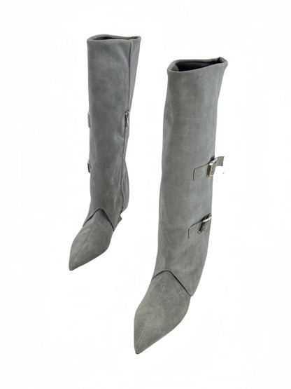 Fall Winter European Fashion Pointed Toe Wedge Knee High Buckle Suede Chunky Heel Spicy Girl Trouser Boots