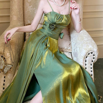 French Forest Floral Shimmer Spaghetti Gown Dress