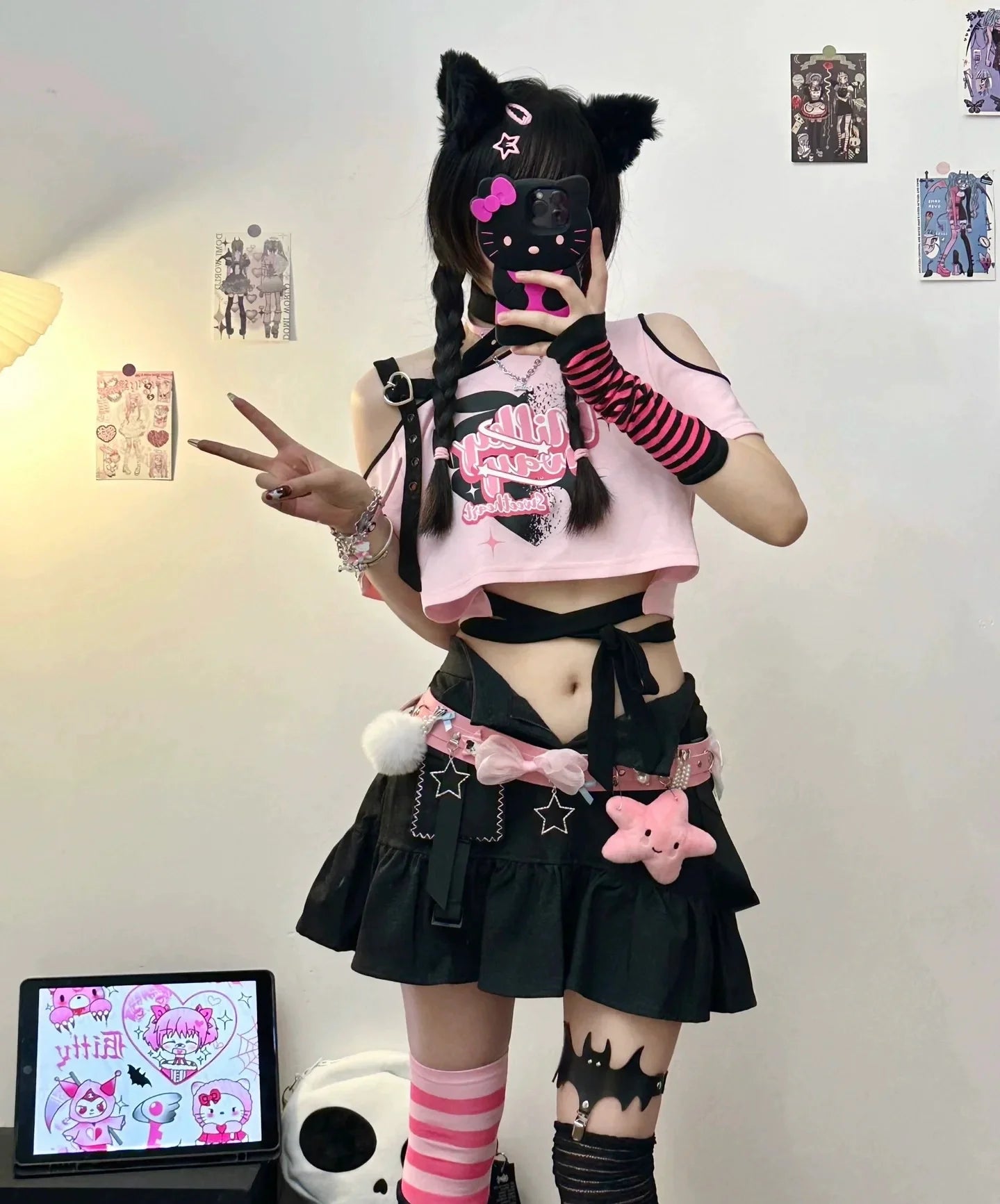 Off-Shoulder Subculture Y2K E-girl Cropped Niche Oversized Short Sleeve Top