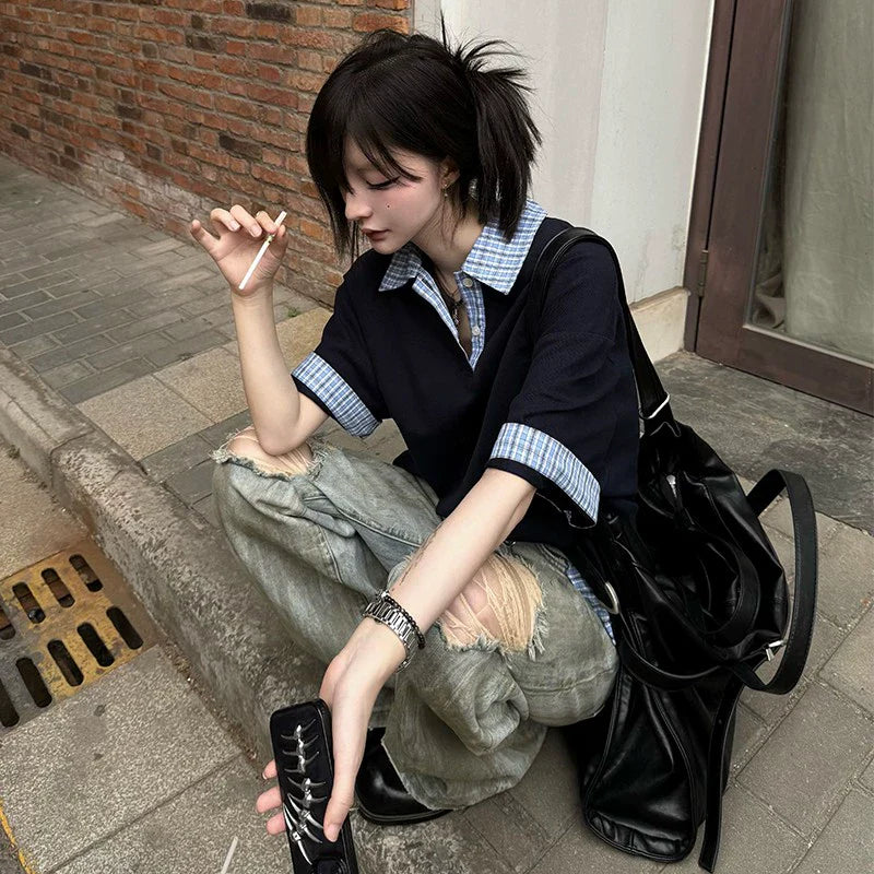 Navy Fake Two Piece Polo Top