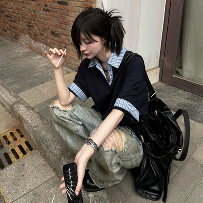 Navy Fake Two Piece Polo Top