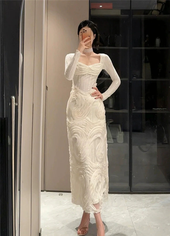 French Romantic White Textured Panel Square-Neck Knit Gown Dress