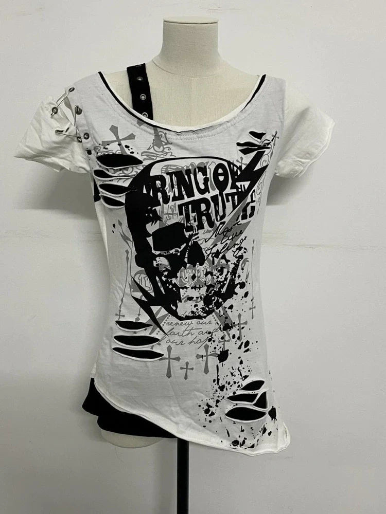 Gray Subculture Punk Y2K E-girl Abi American Retro Skull Fake Two-Piece Short Sleeve Top