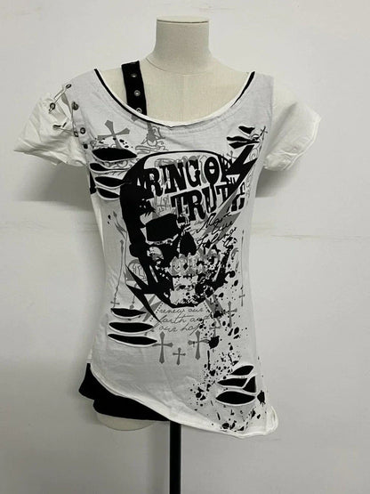 Gray Subculture Punk Y2K E-girl Abi American Retro Skull Fake Two-Piece Short Sleeve Top