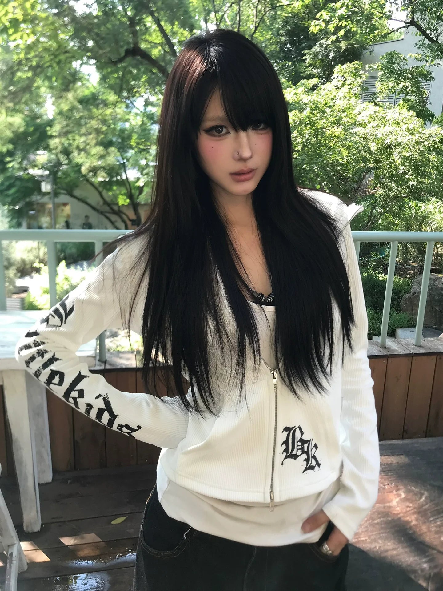 American Gothic Fitted Hoodie Jacket Retro Letter Print Zip-Up Sweatshirt