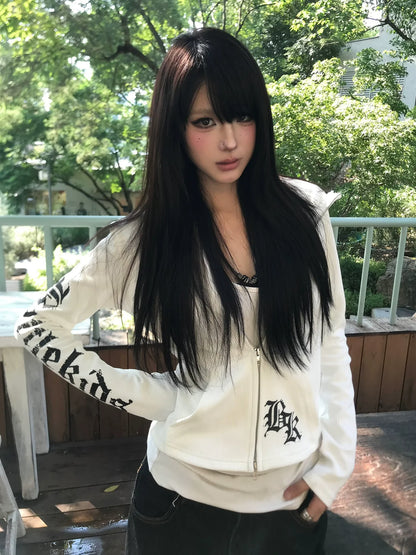 American Gothic Fitted Hoodie Jacket Retro Letter Print Zip-Up Sweatshirt